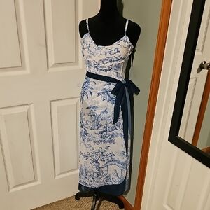 Chic Blue and White Printed One-Piece Swimsuit And Wrap Around Maxi Skirt